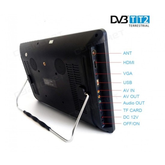 Портативен телевизор Perfect 10" | DVB-T2, 12V/220V, USB, HDMI, Батерия за къмпинг различни размери 220V/12 V + стойка цифров тиунер, български канали / цифрова антена 
