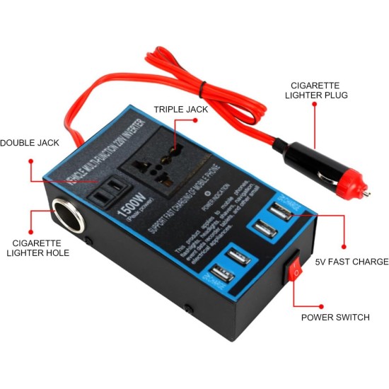 Автомобилен инвертор 12V към 220V 1500W с USB зарядни изходи