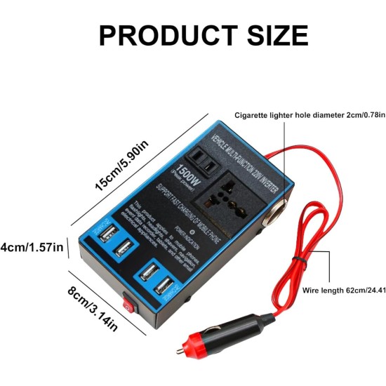 Автомобилен инвертор 12V към 220V 1500W с USB зарядни изходи