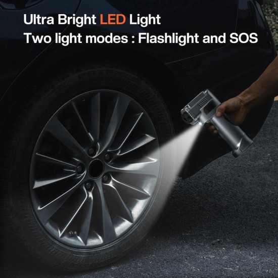 Преносим въздушен компресор, цифров, LED, 8000mAh, 4 дюзи, 20.5x11x7cm, сив