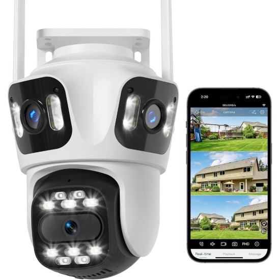 Тройна външна WiFi камера P15 с три ектрана 3MP+3MP+6MP, ICSee, Бяла