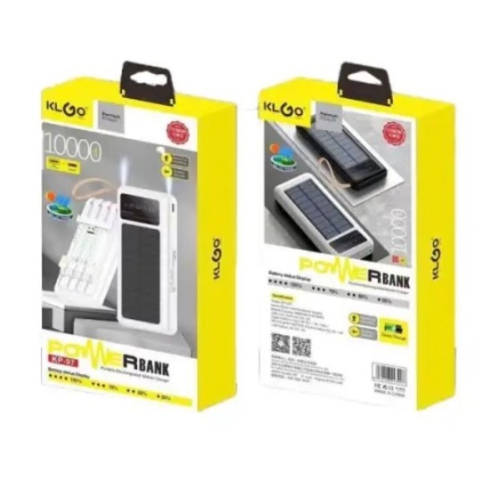 10 000 mAh Соларна батерия с LED диспей - Power Bank KLGO KP-97 с 4 вградени кабела