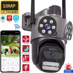 + SD карта 64GB 10 Mpx WiFi тройна безжична IP камера, 3 обектива, нощно виждане, 360°, iCSee, микрофон, проследяване
