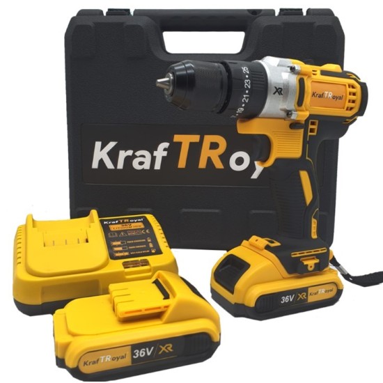 Акумулаторен винтоверт Kraft royal 36V с 2 батерии и куфар жълт