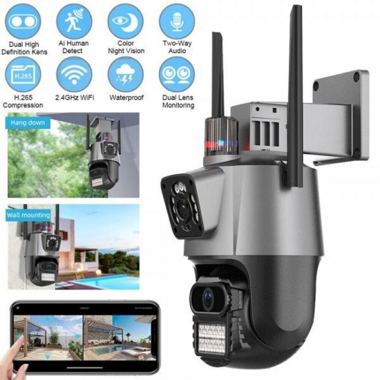 + 64GB карта PTZ ДВОЙНА IP КАМЕРА 12MP С ДВЕ АНТЕНИ ЦВЕТНО НОЩНО ВИЖДАНЕ WIFI, ICSEE, ULTRA HD, МОДЕЛ P11