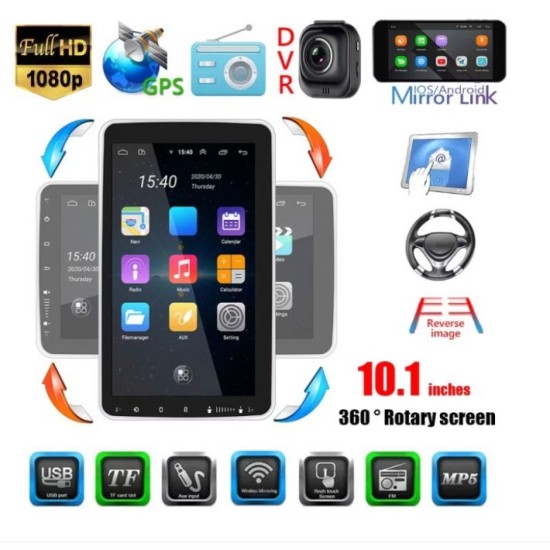Автомобилна мултимедия с Android 11, single din, 10 INCH въртящ екран 360 градуса
