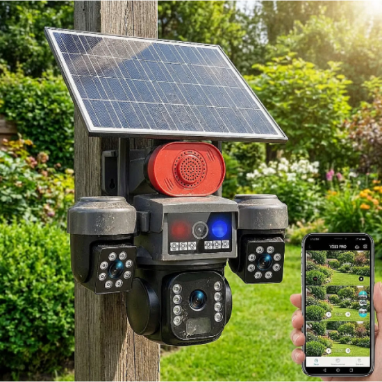 Соларна WiFi камера V380 Pro 16MP с 3 обектива, 360° наблюдение и нощно виждане